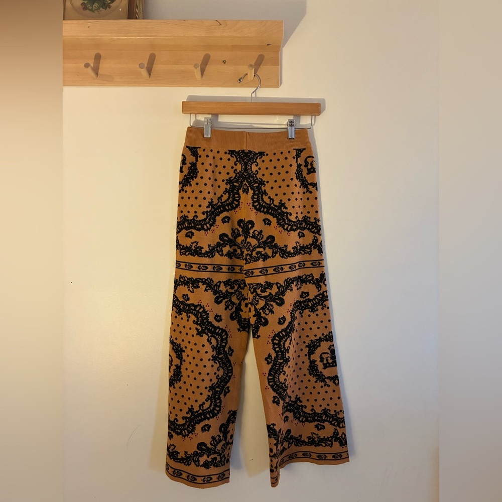Wide Leg Knit Pants in Camel with Black Pattern